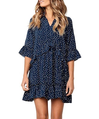 MITILLY Ruffle Polka Dot T-Shirt Dress with Pockets