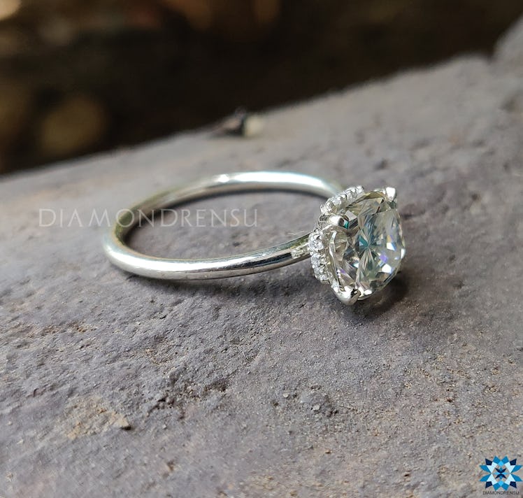 Pave Hidden Halo Cushion Cut Moissanite Diamond Engagement Ring