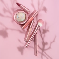 Lipstick, lip gloss, highlighter, and a makeup brush from MAC Cosmetics' new Petal Power Collection