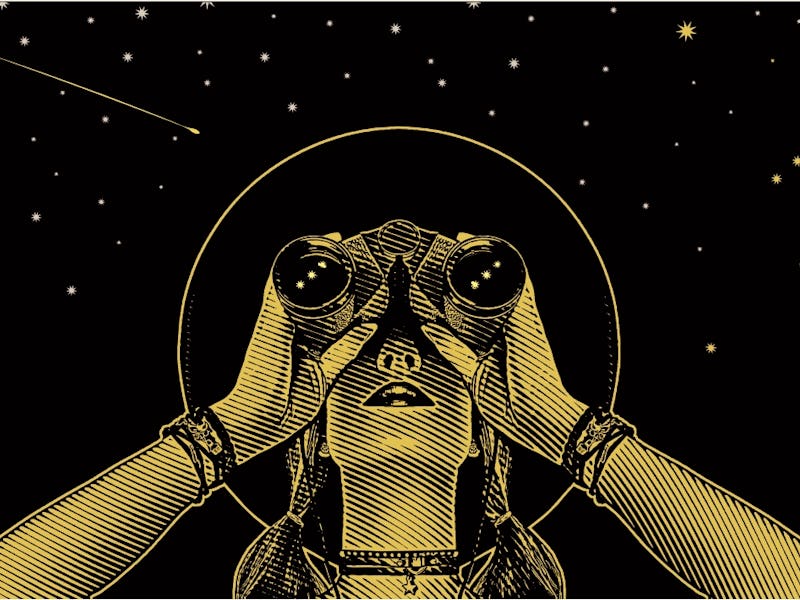 A black-yellow illustration of a person looking at the night sky through binoculars