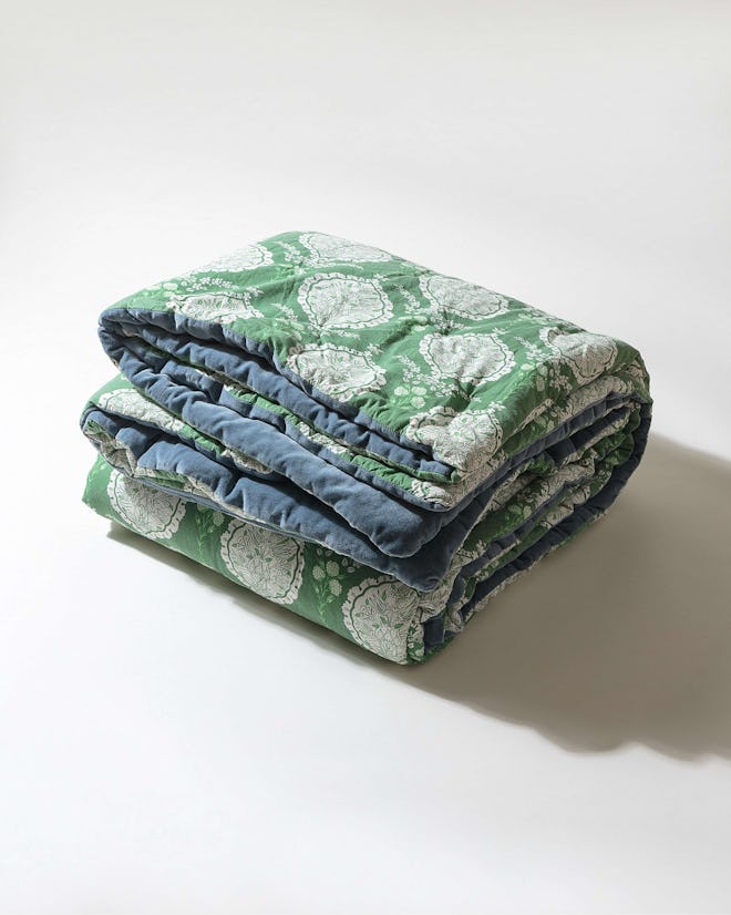 Paisley Green & Blue Velvet Double Bedspread