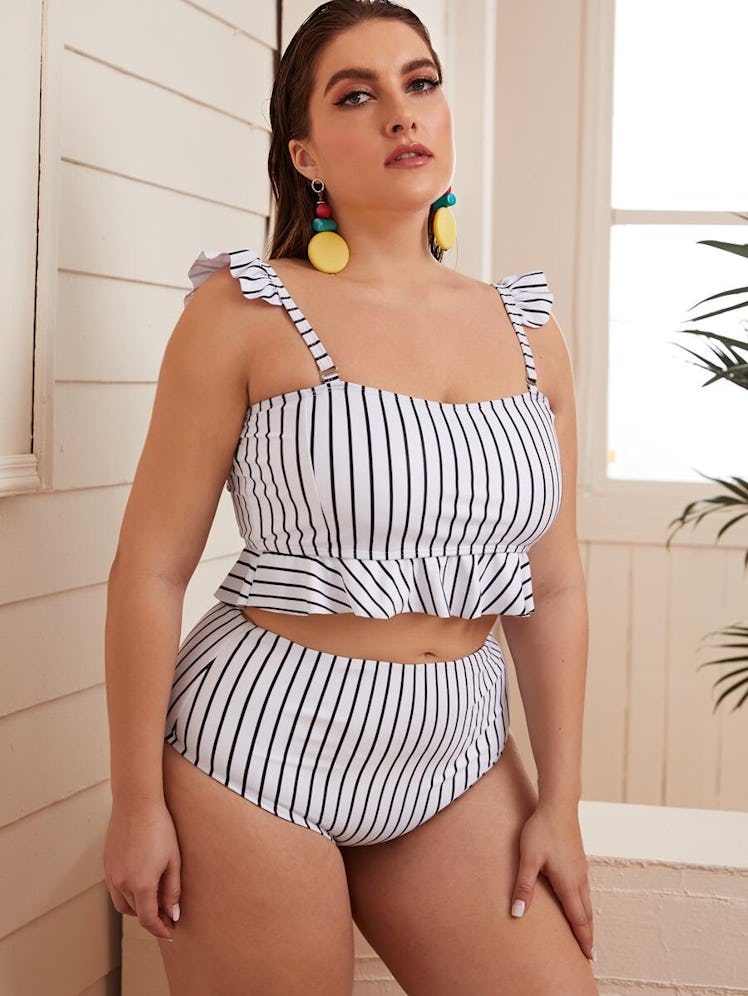 Plus Striped Ruffle Trim Top With High Waisted Bikini