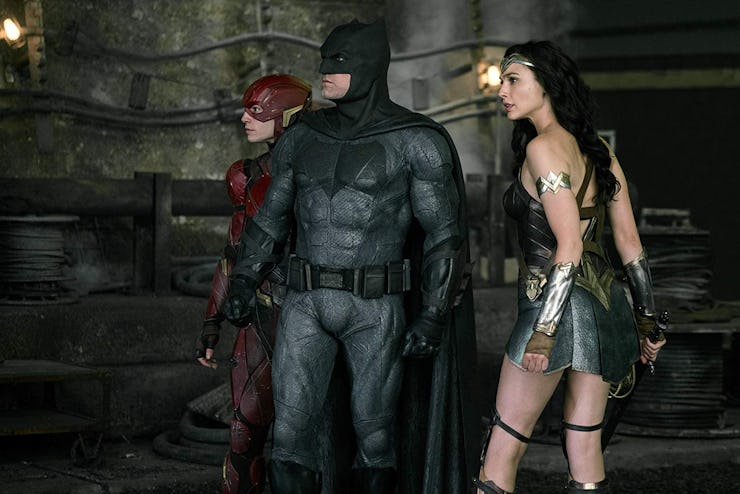 Wonder Woman, Batman, and Flash actors standing next to each other in Zack Snyder’s Justice League