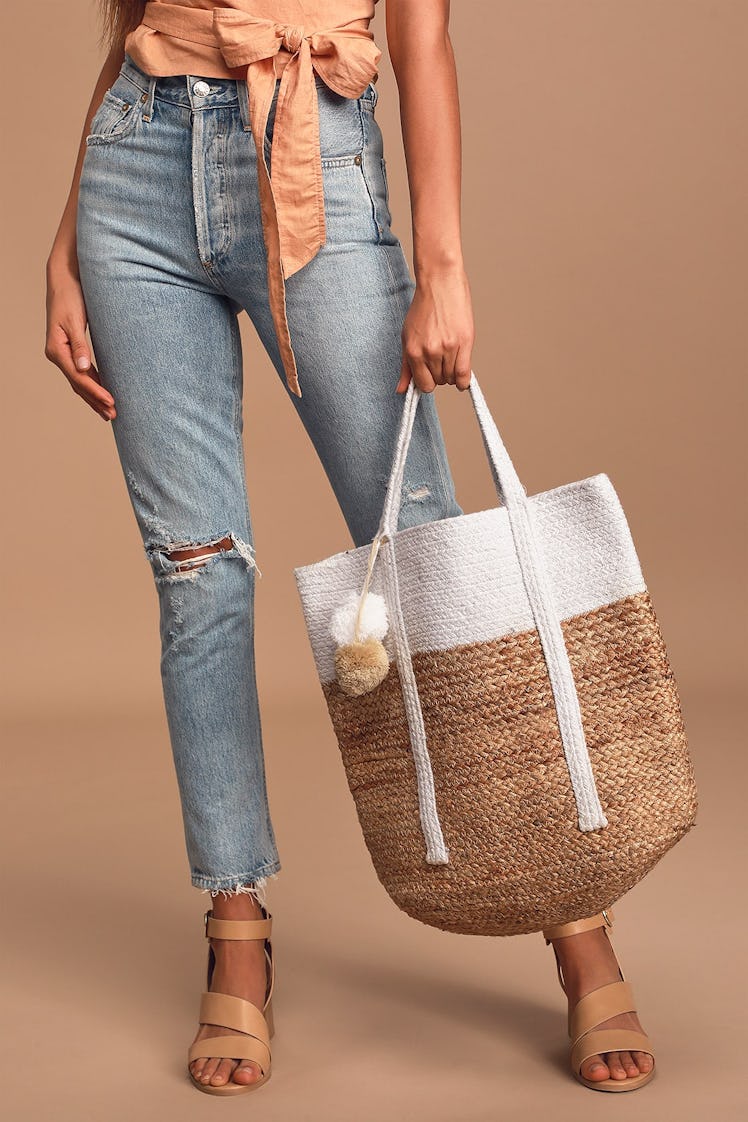 When The Sun's Out Ivory and Tan Woven Pom Pom Tote Bag