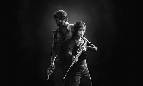 Ellie and Joel, two characters in Last Of Us, with weapons standing next to each other with a black ...