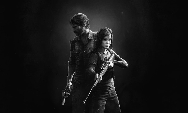 Ellie and Joel, two characters in Last Of Us, with weapons standing next to each other with a black ...