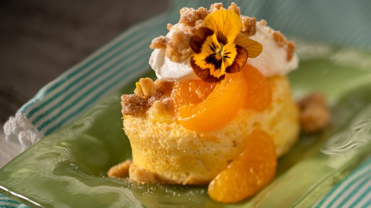 Flowers decorate a mandarin citrus dessert, which is served at the 2020 Epcot International Flower &...