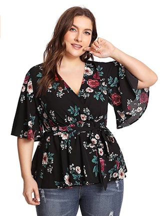 Romwe Plus Size Peplum Wrap Blouse