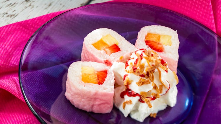 Fruit made to look like sushi sits on a plate at the 2020 Epcot International Flower & Garden Festiv...