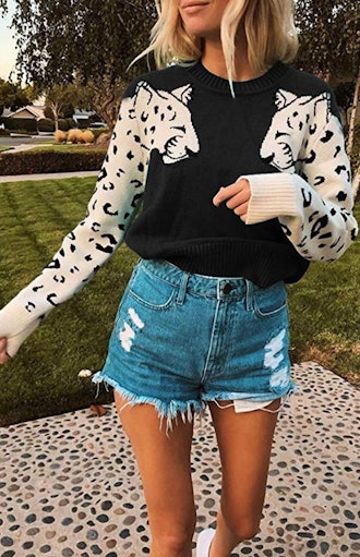 Angashion Leopard Pullover Cropped Sweater 