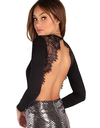 DIDK Long Sleeve Backless Lace Bodysuit