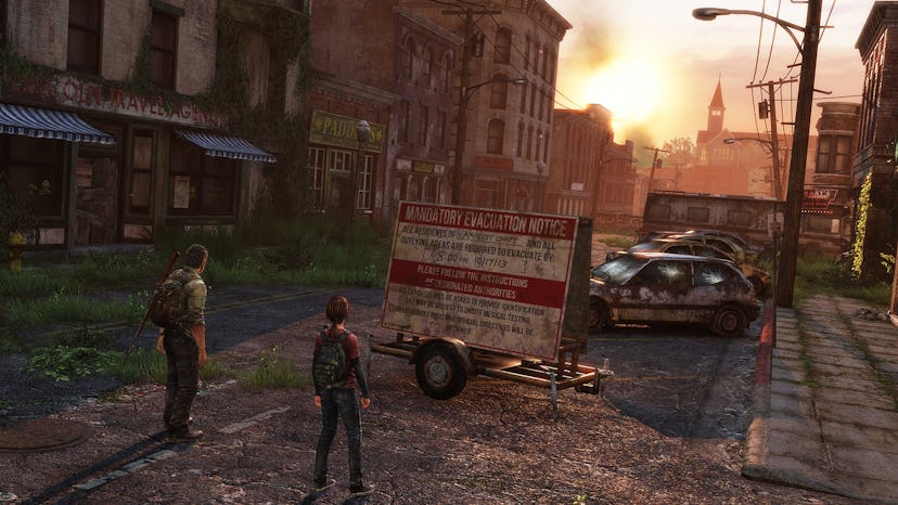 Ellie and Joel standing in the middle of a street in an abandoned and ruined city