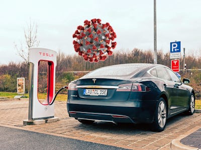 Collage of a black Tesla parked and a Coronavirus bacteria