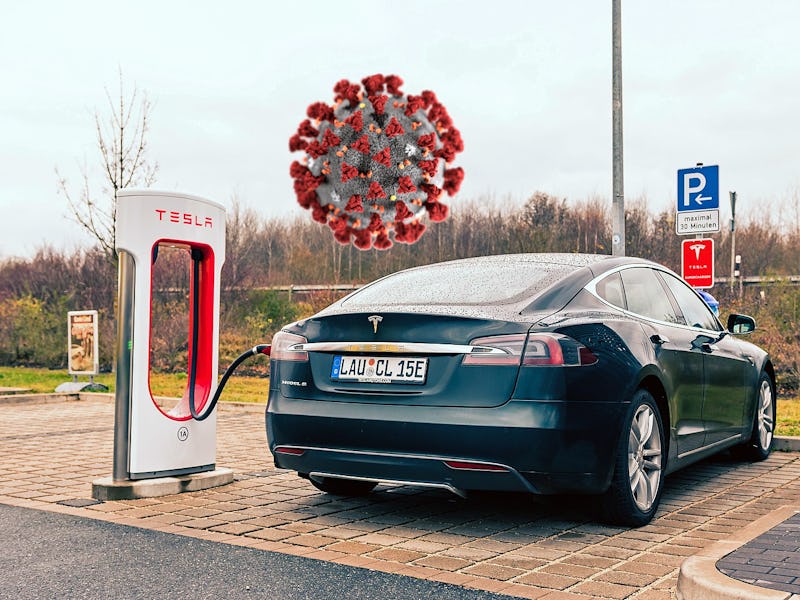 Collage of a black Tesla parked and a Coronavirus bacteria