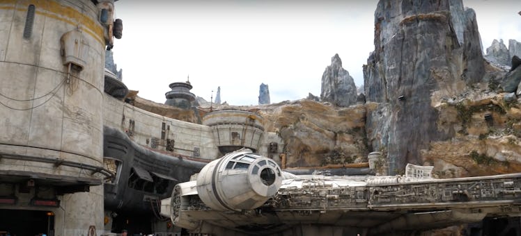 'Star Wars': Galaxy's Edge at Disneyland, California features the Millennium Falcon and huge cliffs.
