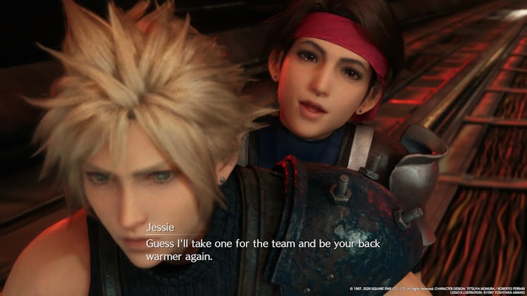 Two FF7 characters and "Guess I'll take one for the team and be your back warmer again" text