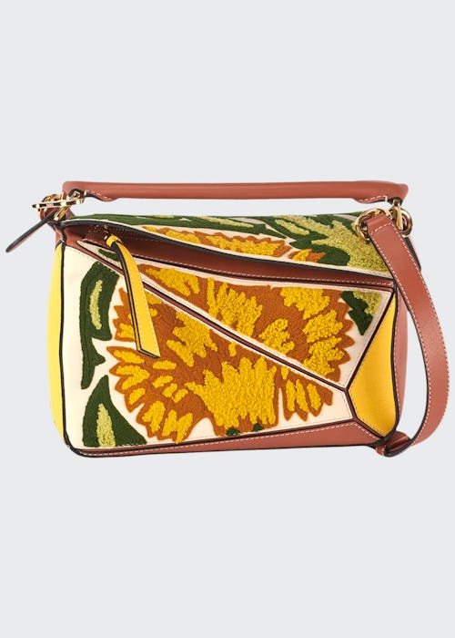 Puzzle Embroidered Floral Leather Satchel Bag