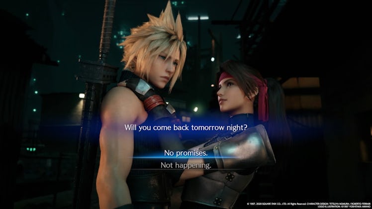 Two FF7 characters talking and "Will you come back tomorrow night?" text