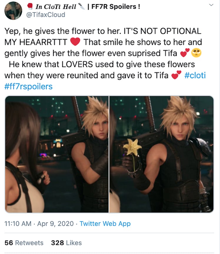 Tweet by "In CloTi Hell | FF7R Spoilers!" about the FF7 Remake