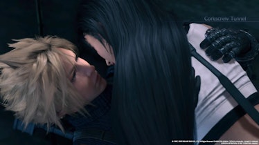 Screenshot from the FF7 Remake with two characters kissing