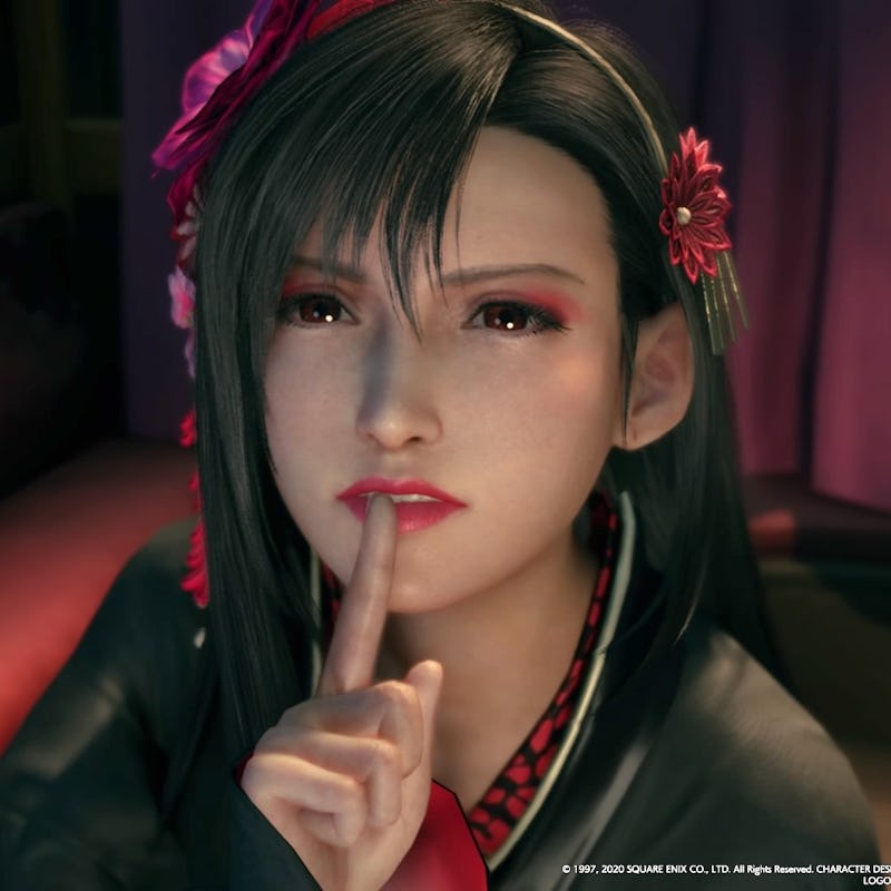 A female character from the FF7 Remake with her finger on her lips 