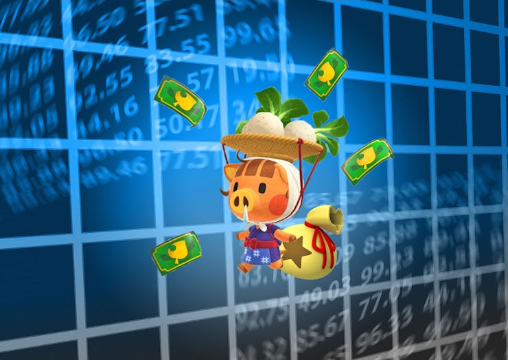 Animal crossing character floating through a blue grid with numbers