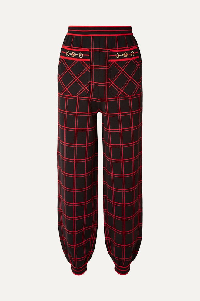 Embellished Checked Wool Track Pants