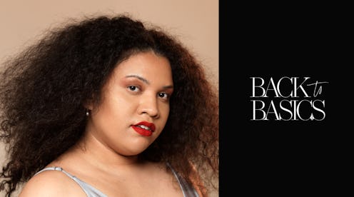 A curly woman after using retinol next to a text reading: 'Back to Basics.'