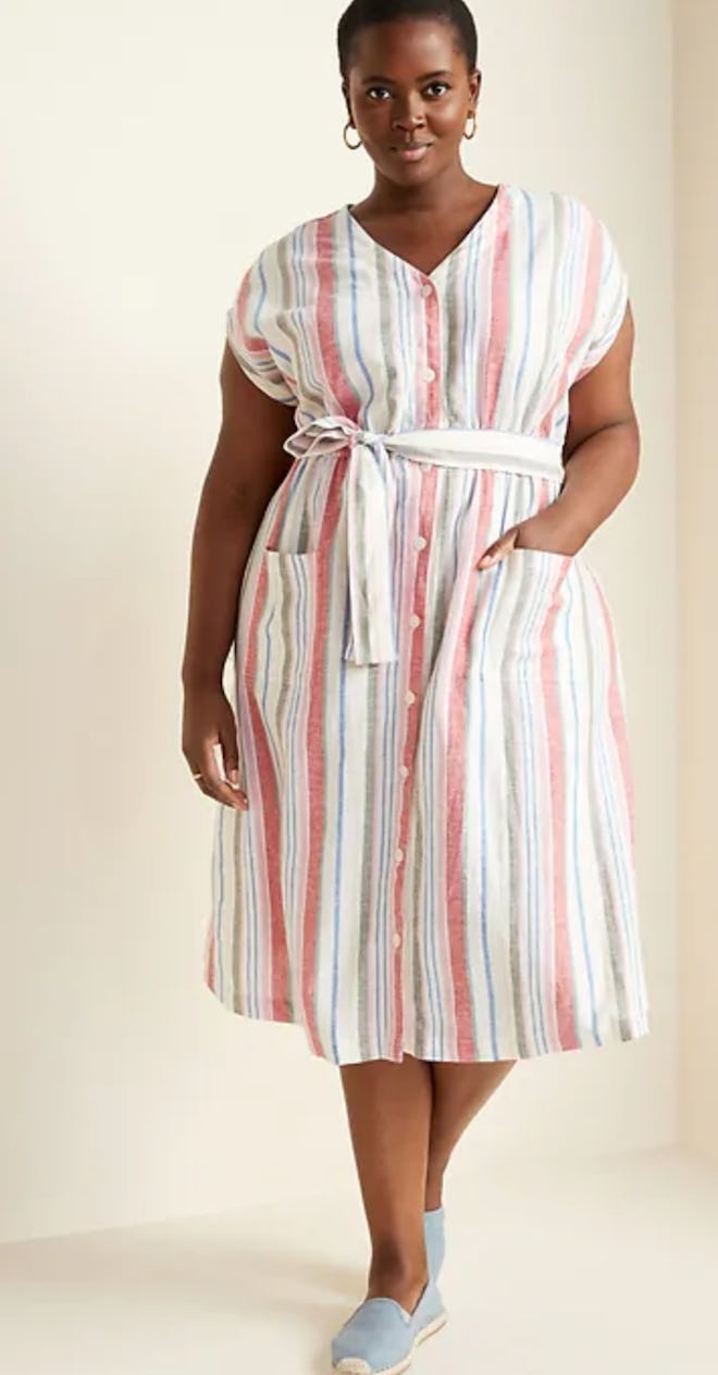 Tie-Belt Plus-Size Linen-Blend Midi Dress