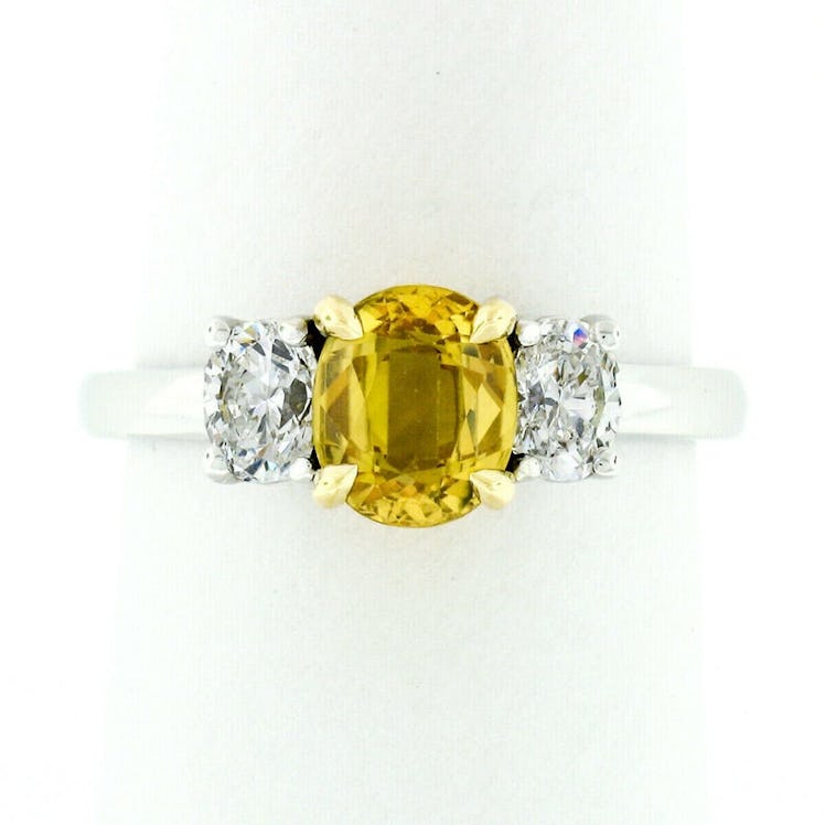 Fine 14k Two Tone Gold 1.95ctw GIA Certified Oval Yellow Sapphire & Diamond 3 Stone Engagement or Pr...