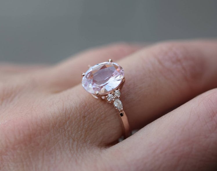 Blush sapphire engagement ring. Light peach pink sapphire 3.4ct oval diamond ring 14k Rose gold. Cam...