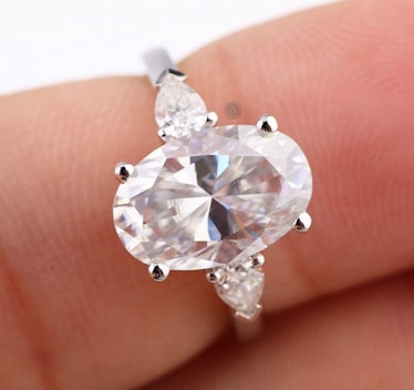 Moissanite Engagement Ring White Gold Oval & Pear Cut 3 Stone Engagement Ring Vintage Wedding Promis...
