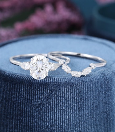 Oval Moissanite Engagement ring set vintage Art deco engagement ring white gold three stone Pear sha...