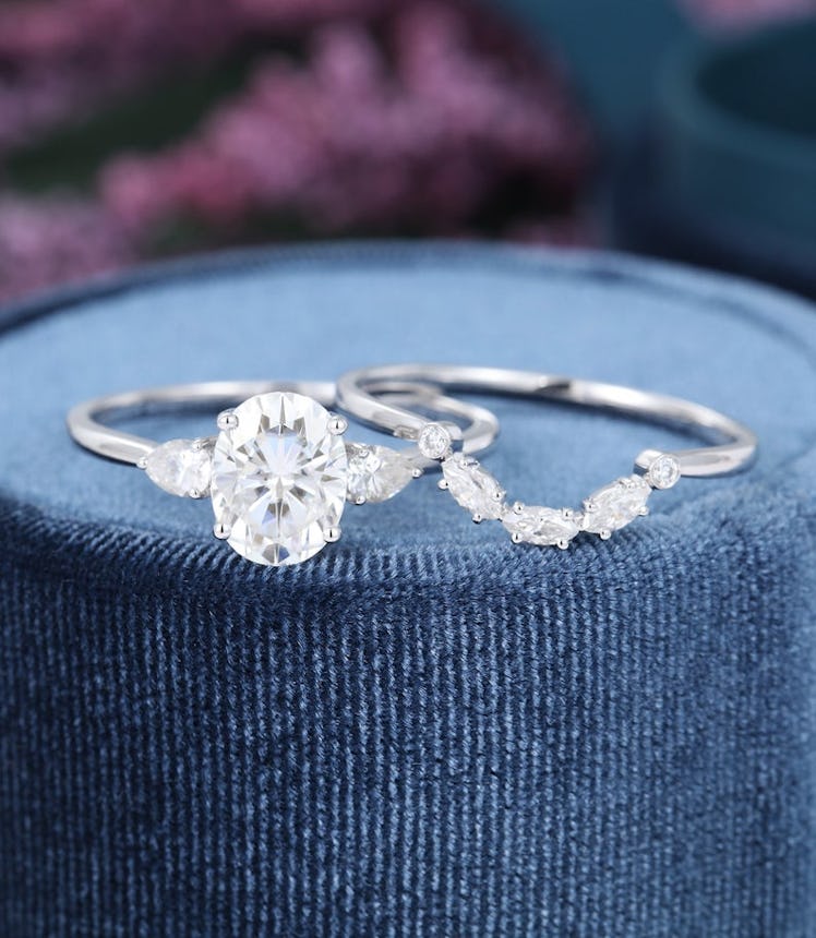 Oval Moissanite Engagement ring set vintage Art deco engagement ring white gold three stone Pear sha...