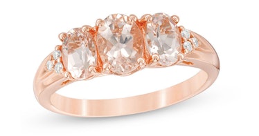 Oval Morganite and Diamond Accent Three Stone with Tri-Sides Ring in 10K Rose Gold