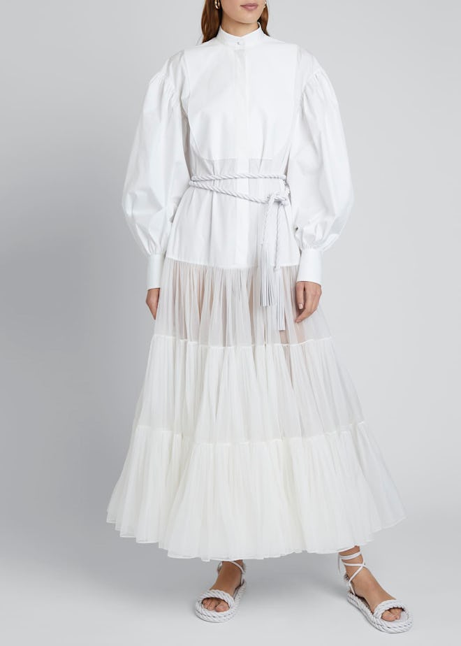 Long Puff-Sleeve Techno Cotton & Tulle Dress