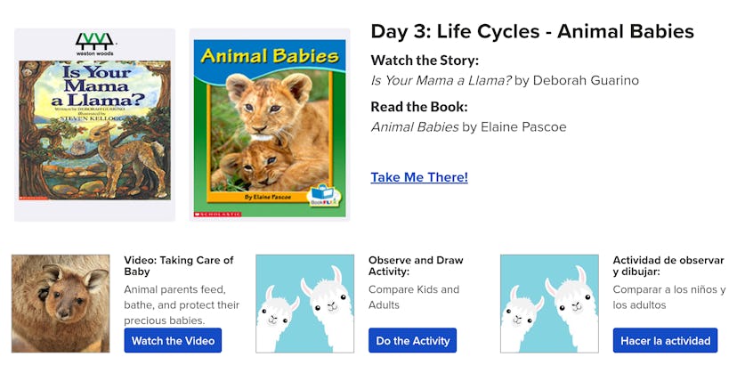 Screenshot of daily activities page from Scholastic website