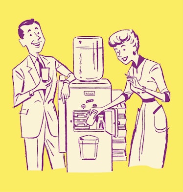 Illustration of a man and woman taking water from a machine at work