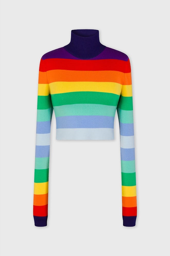 Rainbow-striped short wool sweater