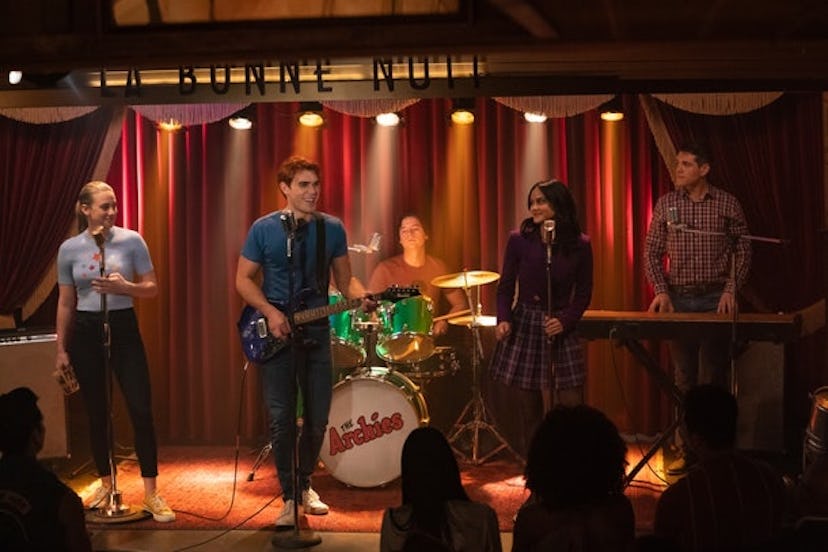Jughead, Betty, Archie, Veronica, and Kevin in the 'Riverdale' Hedwig musical episode.
