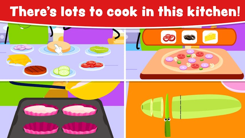 Promo image for 'Cooking Games for Kids and Toddlers' with a four-square grid showing different food...