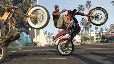 Two characters from GTA 5 Online riding bikes