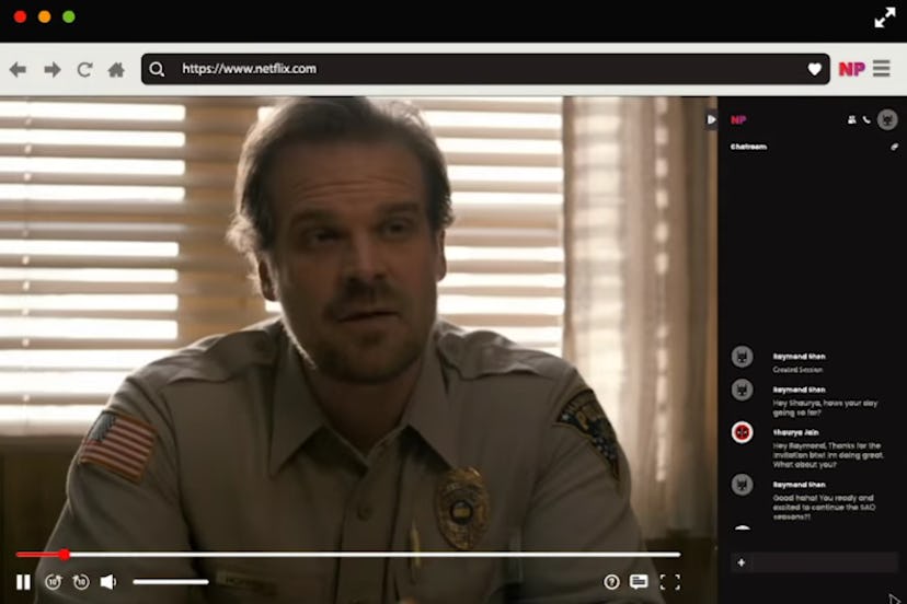 Screenshot of Netflix Party showing Hopper from Stranger things on the left and group chat on the ri...