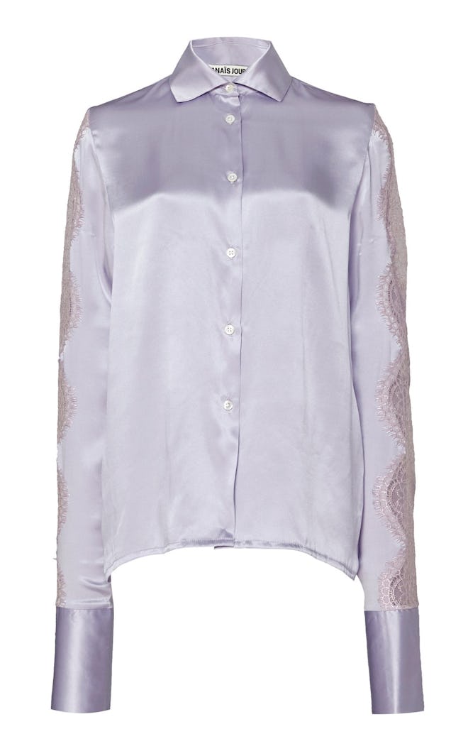 Lace-Trim Silk Satin Shirt