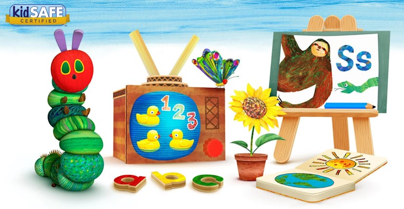 Screenshot of promotional Hungry Caterpillar Play School app featuring several toys, letters, number...
