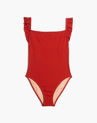 Madewell Second Wave Ribbed Ruffle-Strap One-Piece Swimsuit