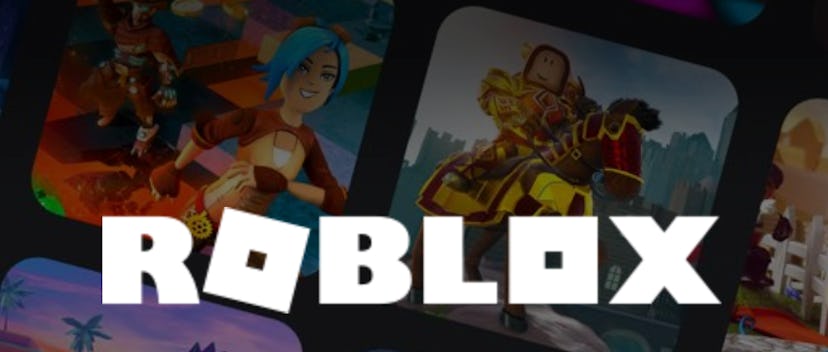 Roblox logo in front of several squares with individual worlds/games