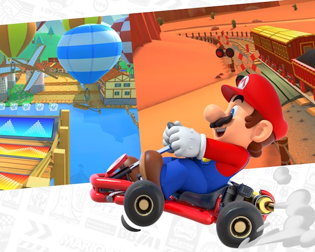 Mario driving in a race car with different track images behind him