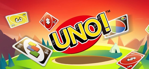 Cartoon image of Uno logo and several Uno cards around it