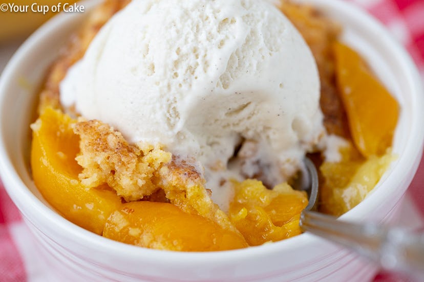 This peach dump cake is simple to bake when you're out of milk.